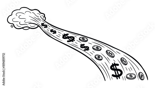 A bold conceptual visual of a dollar stream originating from an abstract cloud representing innovative ideas transforming into monetary success and increasing profit suitable for financial