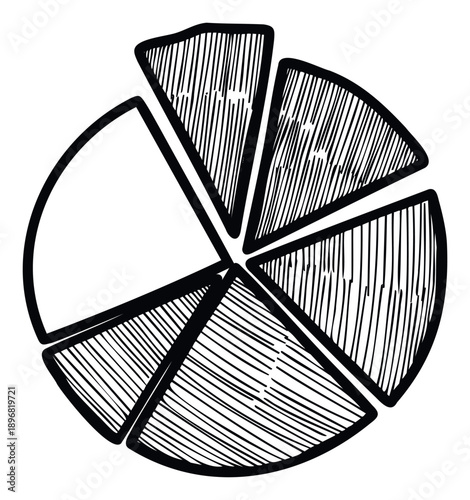 Hand drawn pie chart with multiple sections including one blank slice, perfect for illustrating statistical data, business analysis, and educational presentations.