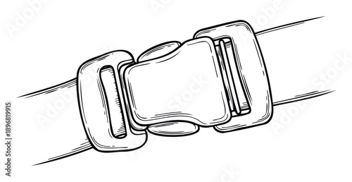 Detailed line drawing of a side release buckle securely fastened on a webbing strap, suitable for various design projects, technical manuals, and product assembly guides