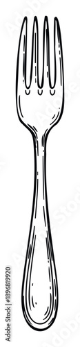 Simple hand drawn black outline fork for kitchen and dining themes, perfect for food related content, recipe books, and culinary advertisements.