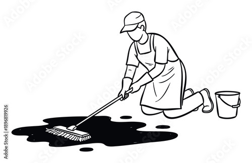 Worker wearing a cap, apron, and gloves kneeling on the floor to mop up a dark liquid spill with a flat mop, suitable for demonstrating spill management or general upkeep services.