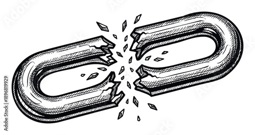Broken chain link drawing depicting a critical point of failure, separation, or weakness, useful for illustrating concepts of disconnection in various visual communications