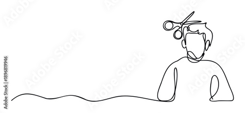 Continuous line drawing of a person getting a stylish haircut with sharp scissors, perfect for barbershop advertisements or mens grooming product promotions.