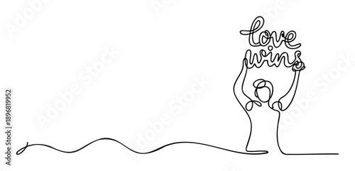 A continuous line drawing of a person celebrating and holding aloft the inspirational phrase love wins, ideal for conveying messages of support, equality, and pride in various promotional