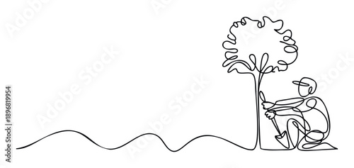 Continuous line drawing of a person planting a small tree with a shovel, symbolizing environmental care and sustainable gardening practices for ecology presentations or naturethemed