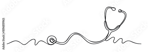 Continuous one line drawing of a stethoscope representing medical care, health examination, and diagnostic tools, perfect for healthcare communication and professional branding