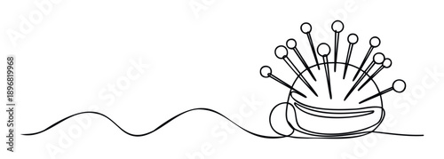 Continuous line drawing of a classic pincushion filled with many straight pins, perfect for promoting sewing workshops, textile hobbies, or craft supply businesses.