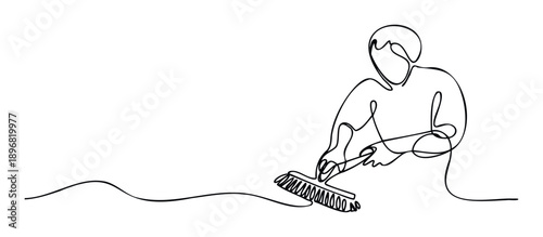 Continuous line drawing of a person sweeping a surface with a brush, symbolizing tidiness and domestic chores, perfect for household product promotions or educational materials.