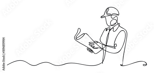 A continuous line drawing depicting a professional engineer or architect wearing a safety helmet and reviewing construction blueprints for various architecture and building industry