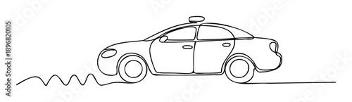 Simple continuous line drawing of a sedan car with a roof light, representing speed and urban transportation, suitable for modern business presentations or travel brochures