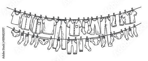 A simple monochrome drawing of various garments and socks drying on a clothesline with clothespins, perfect for depicting household chores, domestic life concepts, and childcare related