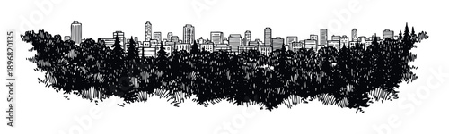 Black and white ink drawing showcasing a sprawling city behind a thick woodland, perfect for illustrating themes of nature preservation, urban development, and sustainable living projects.