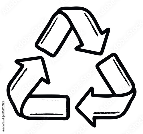 Hand drawn style recycle symbol representing ecological responsibility and sustainability, perfect for environmental awareness campaigns, product labeling, and educational materials.