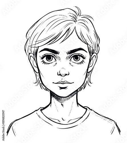 Engaging hand drawn portrait of a youthful individual with short hair, ideal for illustrating character profiles, visual storytelling, or diverse youthfocused media applications