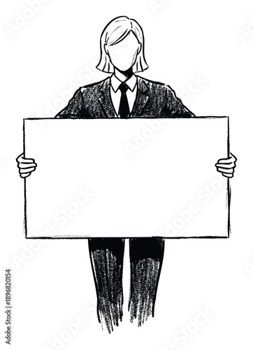 A businessperson in professional attire holds a large blank rectangular protest placard or informational board, perfect for conveying important messages, announcements, or promotional text.