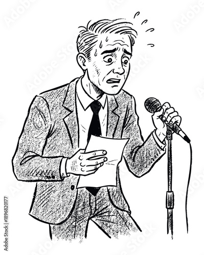 A nervous man in a business suit holding a microphone and a paper showing signs of stress and fear, perfect for illustrating public speaking anxiety or presentation challenges.