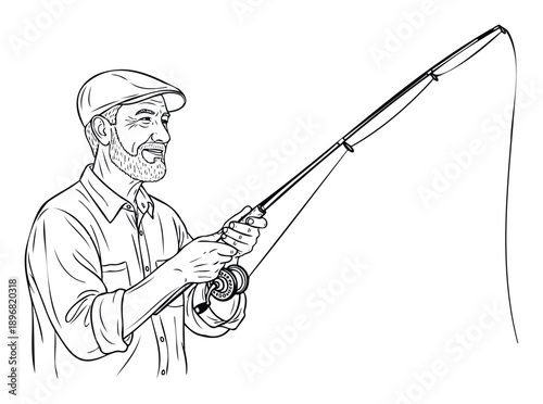 An elderly bearded man wearing a cap happily enjoys his fishing hobby, holding a rod with a reel, perfect for conveying leisure activities or retirement themes.
