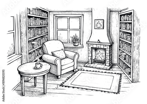 Inviting sketch of a cozy reading room interior with a warm fireplace and abundant bookshelves, perfect for literary publications and relaxing home decor themes.