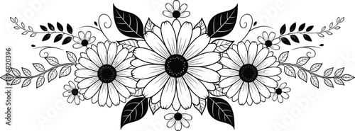 described features a beautifully crafted symmetrical arrangement of monochrome line art that highlights various floral elements.