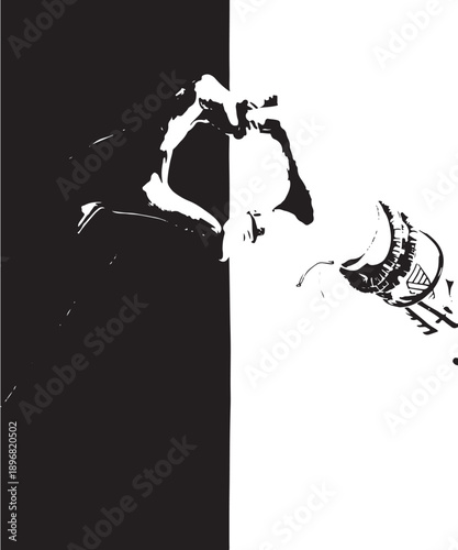 Knife tactical combat with double-edged blade and textured handle, high-precision, black and white silhouette, dynamic pose, modern design, sleek edges, durable materials, combat-ready tool