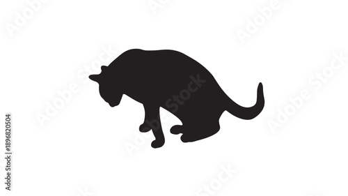Cat silhouette with downward head tilt, tail curved upward, and paws in a crouching posture, emphasizing feline design and posture for artistic or symbolic purposes.