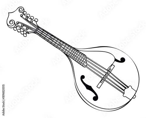 Classic mandolin string instrument presented as a simple outline graphic perfect for music education materials coloring books and folk music inspired graphic design