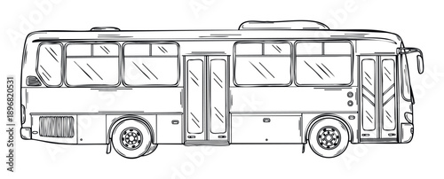 A detailed black and white outline drawing of a modern city bus viewed from the side, perfect for transportation diagrams, educational materials, or coloring book pages