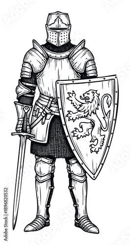 Full body medieval knight in heavy plate armor holding a sword and a shield with a lion emblem standing ready for battle and historical combat concepts