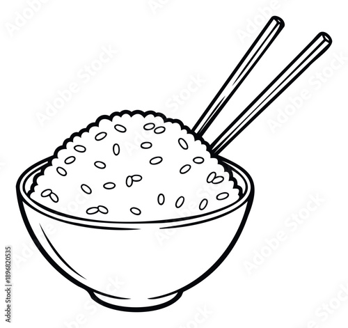 Classic monochrome graphic of a bowl brimming with cooked white rice and a pair of slender chopsticks, perfect for Asian food menus, cooking class flyers, and cultural culinary promotions.