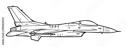 Fighter jet aircraft line drawing showcasing modern military aviation technology and power for educational materials, childrens coloring books, or graphic design projects