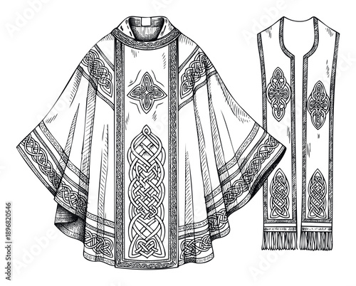 Ornate Christian religious vestments featuring a chasuble and a stole with intricate Celtic knot designs and sacred cross motifs, perfect for theological studies, church history displays,