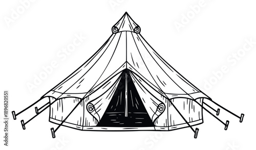 Classic bell tent drawing for outdoor adventure and camping themed designs, perfect for travel advertisements or glamping retreat promotions
