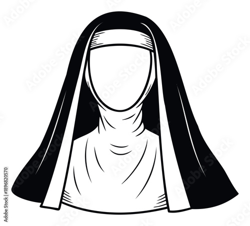 Stylized black and white graphic representation of a religious woman wearing a traditional nuns habit and veil, perfect for spiritual, historical, or educational graphic projects.