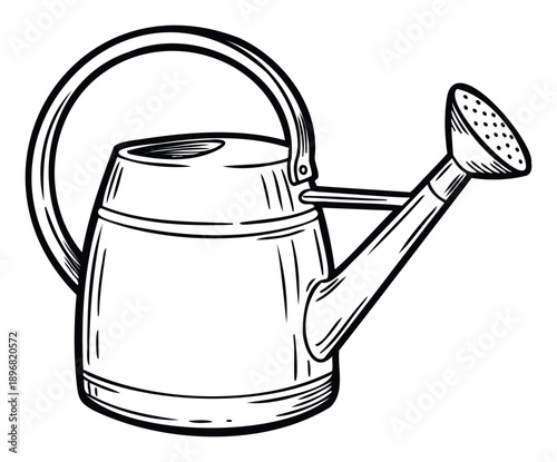 Detailed black and white sketch of a classic watering can for garden care and plant irrigation, perfect for gardening blogs, home improvement websites, or farming publications.