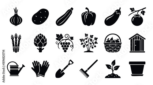 Gardening vegetables and tools flat silhouette icon collection for agriculture themed applications, farmers market promotions, or healthy food advertisements.