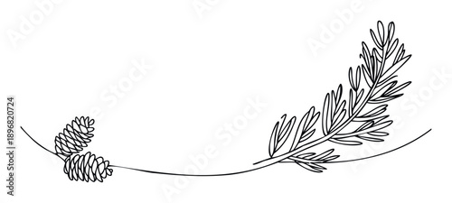 Minimalist line drawing of a fir branch with pine cones creating an elegant corner accent suitable for winter holiday greetings, invitations, and natural event decorations.