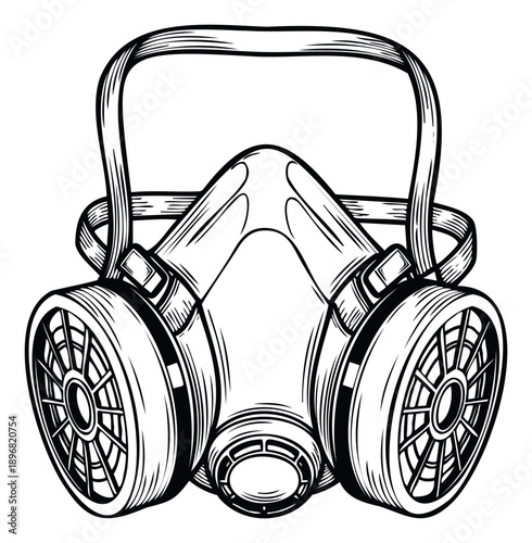 Detailed monochrome line drawing of a professional industrial safety respirator gas mask, essential personal protective equipment for hazard awareness and health campaigns.