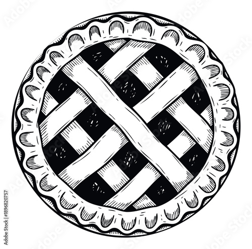 Overhead view of a homemade round pie featuring a classic woven top crust and fluted edge, ideal for cooking tutorials, recipe websites, or cafe decor applications.