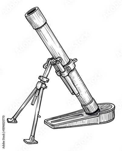 Detailed line drawing of a military mortar weapon with its bipod and base plate, perfect for historical war game graphics or defense industry educational content
