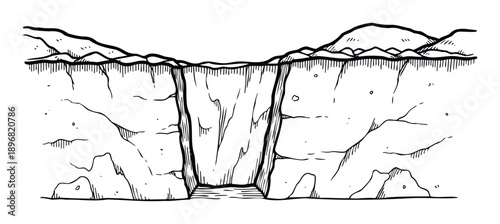 Deep canyon landscape crosssection illustrating a profound geological chasm with steep cliffs and flowing water at the bottom, perfect for educational materials or adventure themes