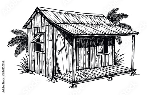 Rustic wooden beach shack with a surfboard and flip flops on the porch, surrounded by palm leaves, ideal for conveying tropical vacation and summer holiday themes