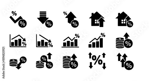 Black vector finance icons set, including growth charts, percentage signs, coins, and houses, for business or banking concept, Isolated on transparent background, png