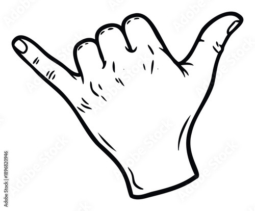 A hand making the shaka sign or hang loose gesture for friendly communication and casual greeting in surf culture and youth lifestyle media