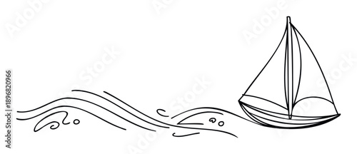 Simple line drawing of a sailboat navigating ocean waves, perfect for maritime themes, travel publications, or childrens book illustrations.