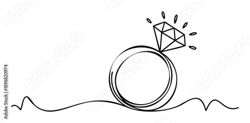 A single continuous black line drawing of a sparkling diamond engagement ring represents commitment and celebration, making it perfect for wedding invitations, anniversary announcements, or