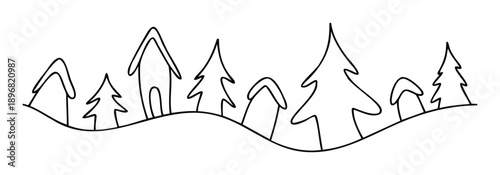 Continuous line drawing of a tranquil winter landscape featuring diverse evergreen trees and a simple house silhouette on snowy hills ideal for holiday season decorations and seasonal