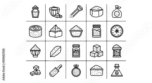 Vector icons of various food and drink items, including desserts, snacks, and beverages, for menu or recipe design, Isolated on transparent background, png
