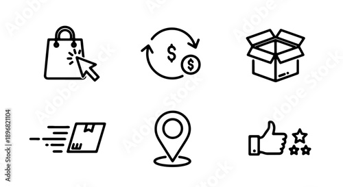 E-commerce icons set, including shopping bag, money exchange, cardboard box, delivery, map pin, thumbs up with stars, for website, app, or UI, Isolated on transparent background, png