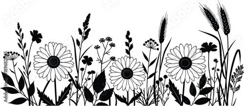 described is a black and white botanical illustration that captures the essence of a wildflower meadow. 