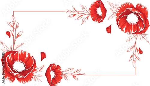 described showcases a beautifully designed rectangular frame adorned with illustrations of red poppy flowers and foliage